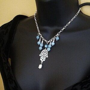 Boho Blue Agate & Patina Painted Hamsa Hand + Buddha - 20" Adjustable Necklace